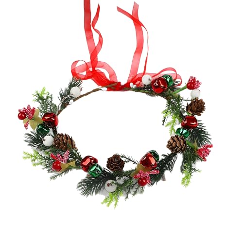 KorViSHOW Christmas Flower Crown Headband, Christmas Floral Headpiece with Bell Poinsettias Flowers Holly Berry Pinecone for Women Xmas Winter Holiday Costume Forest Woodland Hair Accessories