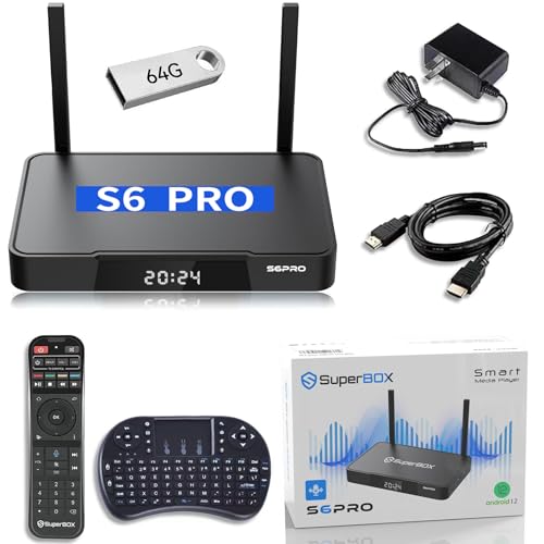 Smart media player bundle featuring the S6 PRO device with remote control, wireless keyboard, 64GB USB drive, and power adapter, ideal for enhancing home entertainment with smart technology.