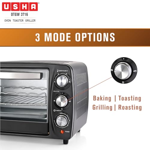 Image of USHA OTGW3716R 16L OTG with Rotisserie | Bake, Grill, Roast & Toast | Upper & Lower Heating | Adjustable Time & Temperature | Cool Touch Handle | 1200W | Black | 2 Year Warranty