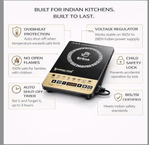 Image of Surya K Star 2000W Induction Cooktop with Sauce Pan Electric Induction Stove for Kitchen | Portable Single Burner Cooktop with Preset Menu, Timer & Temperature Control | Tawa Included