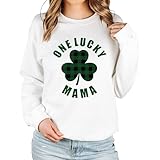 Spunky Pineapple One Lucky Mama Sweatshirt - St Patricks Day Shamrock Sweater, Cozy Holiday Pullover Sweatshirts for Women (White, Large)