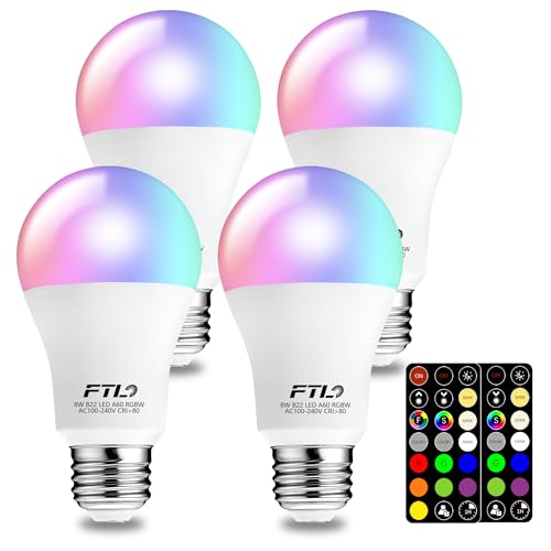 Image of FTL Color Changing Light Bulb with Remote Control, A19 E26 Dimmable RGB LED Colored Light Bulbs 8W 60W Equivalent, 30 Colors, 2700K-6000K, Timer, Multi Color Recessed Light Bulbs for Bedroom, 4-Pack