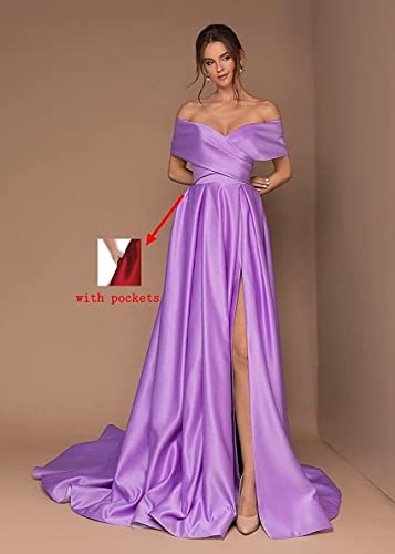 SEIM Women's Off Shoulder Long Prom Dresses with Slit 2024 Satin A-Line Sweetheart Corset Formal Party Dresses with Pockets3