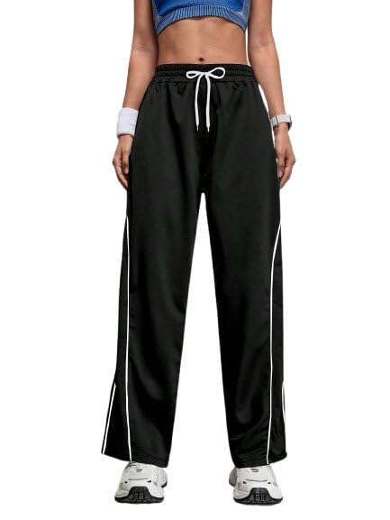Women AthleticBlack Wide Leg Trousers with Side Piping, Stretchable Elastic Waist Track Pants, Stylish Gym Running Yoga Casual Daily Bottoms - 1 Pcs-Black.