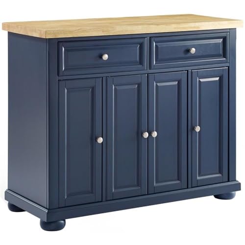 Pemberly Row Contemporary Kitchen Island Cart, Solid Wood Butcher Block Top, Navy/Natural Finish, 42" W x 18" D x 36.36" H, Storage Cabinets, Drawers, Adjustable Shelves, Rolling or Stationary