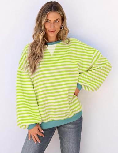 Image of UEU Women Oversized Striped Crewneck Sweatshirt Long Sleeve Color Block Pullover Tops Casual Loose Workout Shirt
