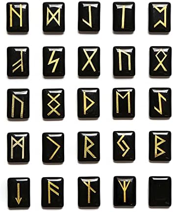 Juego de 25 Piedras de runas de obsidiana Negra, Piedras Preciosa...