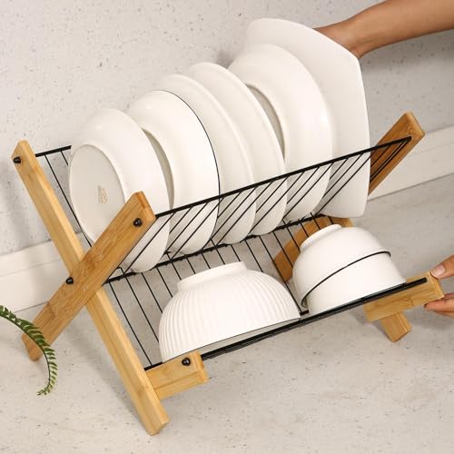 Image of HomeCloud Dish Drying Rack for Kitchen Counter, Stainless Steel Anti-Rust Drainer with Smart Drainage System, Drainboard & Detachable Cutlery Holder. (Black X)