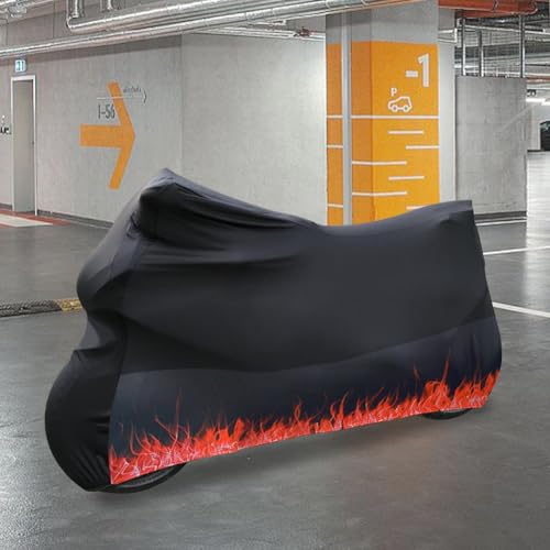 BHIEE Indoor plandeka na motocykl, rozciągliwa tkanina, wewnętrzna osłona motocykla, ochrona przed kurzem, elastyczna plandeka na motocykl, pokrowiec ochronny, 295 x 109 x 140 cm, pomarańczowy wzór