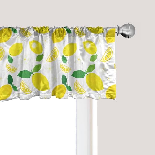 Ambesonne Lemons Window Valance, Continuous Citrus Leaves Flower Blossoms Polygonal Inspired Print, Curtain Valance for Kitchen Bedroom Decor with Rod Pocket, 54
