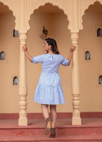 Image of Juniper Women's Sky Blue & White Striped Cotton Short Dress