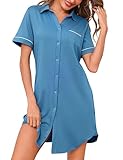 Bresdk Chemise de Nuit Femme Manches Courtes Boutonnée Robe d'Intérieur Douce et Respirante, Vêtement d'allaitement et Hôpital, Loungewear, Bleu Denim, M