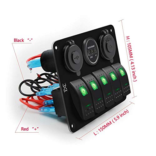 Fxc 5 Gang Rocker Switch Aluminum Panel With Dual Usb Slot Socket 5V 3.1A + Volt Meter + Cigarette Lighter For Marine Boat Car Rv Vehicles Truck 12-24V Waterproof (5Gang Green) #TOP5