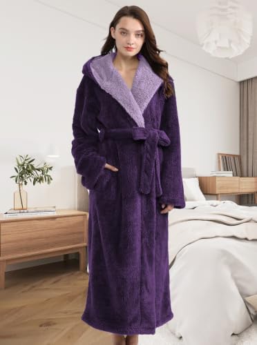Image of Hellomamma Long Hooded Robe for Women Luxurious Flannel Fleece Full Length Bathrobe Winter Warm Pajamas Shower Nightgown