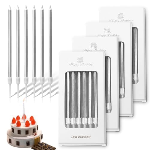 Birthday Cake Candles, 24 Pcs Cake Candles, Long Thin Birthday Candles for Birthday, Party Candles (5.3 x 0.2inch) (Silvery)