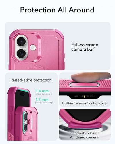 Image of ESR for iPhone 17 Phone Case, 23ft Military-Grade Drop Protection, Shock-Absorbing Rugged Cover, MagSafe Accessories Compatible, Cyber Series, Rosy Pink