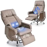 EMIAH Ergonomic Office Chair with Footrest Electric Reclining Big and Tall Executive Chair with Massager and Adjustable High Back Comfortable Swivel Desk Chair, Genuine Leather (Light Khaki)