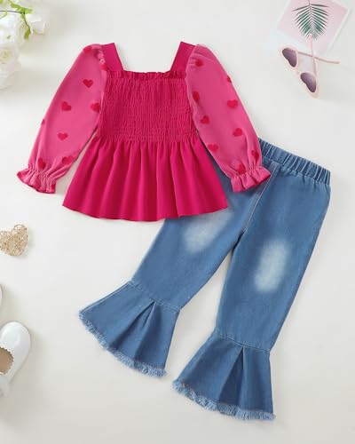 Image of Kucnuzki Toddler Kids Girl Clothes Long Sleeve Shirt Tops Baggy Jeans Cute Pants Set Baby Girl Outfit 2 Piece Clothing