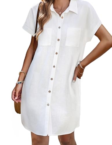 Image of Zeagoo Summer Dresses for Women 2026 Cotton Button Down Short Sleeve Tshirt Dresses Casual Mini Beach Dress