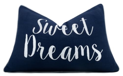 Rudransha Sweet Dreams Embroidered 12x18 Lumbar Pillow Cover, Navy Blue | Sweet Dreams embroidered in ivory on navy cotton, ivory piping; hidden zip; 12x18 lumbar, cover only