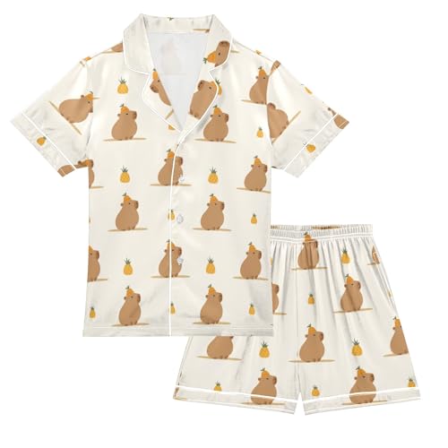 Cartoon Capybara with Pineapple Summer Satin Pajama Set, Cute Button-Down Sleepwear Pj Set for Sleep Wears