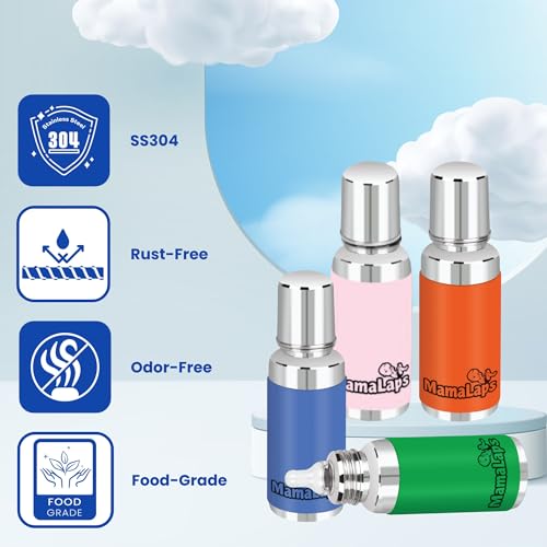 Image of MamaLaps Baby Feeding Bottle Stainless Steel with Advanced Anti Colic System, Bpa Free, Made with Ss304 Food Grade, Heat Protective Silicone Cover for Babies Tiny Hands (Blue), 250 Milliliters
