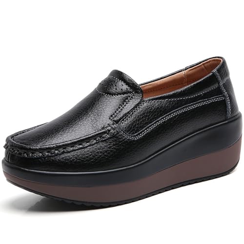 Women's Comfortable Platform Leather Wedge Walking Shoes Fashion Thick Sole Non-Slip Soft Casual Loafers with Arch Support (Black,9)
