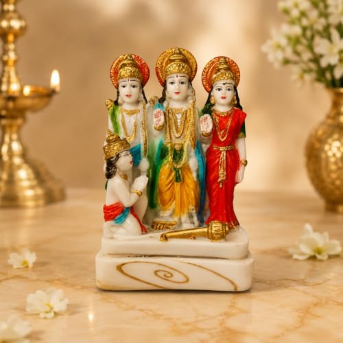 Image of Ram Darbar Idol with Hanuman Small Ram Sita Lakshman Murti Marble Dust Statue for Home Mandir Pooja Decorative Ram Darbar Statue