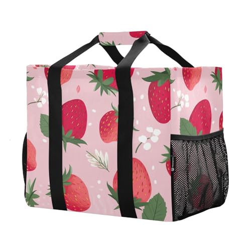 Strawberry Waterproof Tote Bag,Multi-Purpose Kitchen Reusable Grocery Bags, Travel, Beach & Laundry Organizer 15.4 X 9.8 X 12.8 inch2