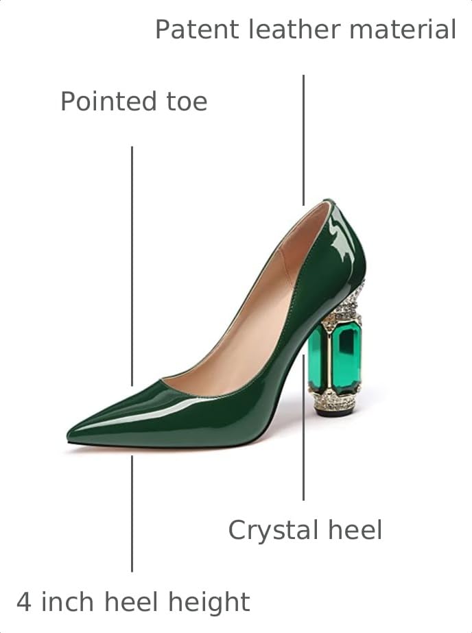 Image of JANSEVEN Women Chunky Heels Pumps Crystal Block Heels with Rhinestones Pointed Toe Sexy Gradient Patent Leather Slip on Bridal Party Wedding Dress Shoes 5-13 M US