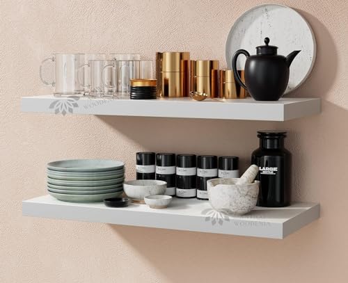 Image of Wooden Floating Wall Shelf| Wall Mount| Wall Rack| Wall Bracket for Home and Office Decor | Big Mounted Cabinets (Large, Set of 2, White)