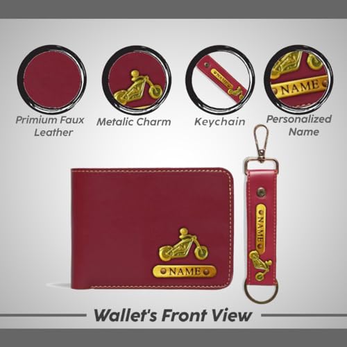 Image of Mens Leather Wallet and Keychain Combo Name Leather Wallet Keychain for Mens Personalized Wallet Keychain Set with Names Keychains for Men | Customised Gift Set for Men with Name & Charm, Tan