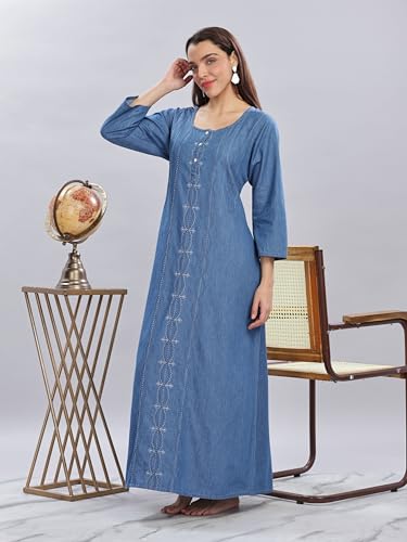 Image of 9shines Label Comfortable Cotton Denim Finish Nightdress for Women with Button Placket and Pocket(9SDLSS)