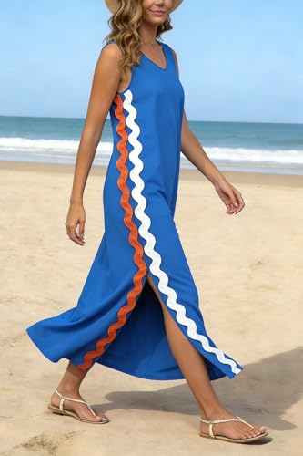 Image of utcoco Women's Summer Beach Boho Flowy Maxi Dress Casual Sleeveless V Neck Side Slit RIC Rac Tank Dress