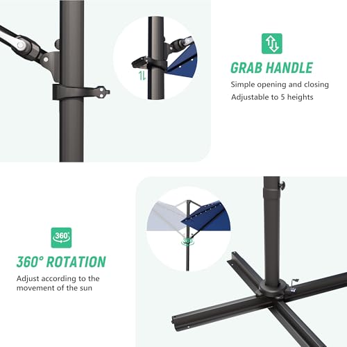 Image of Greesum 10FT Outdoor Patio Umbrella with High Pedel and 4 Gear Heights, Large Offset Umbrella with Solar LED Lights and 360-degree Rotation, Without Base, Hanging Outdoor Shade for Garden, Deep Blue
