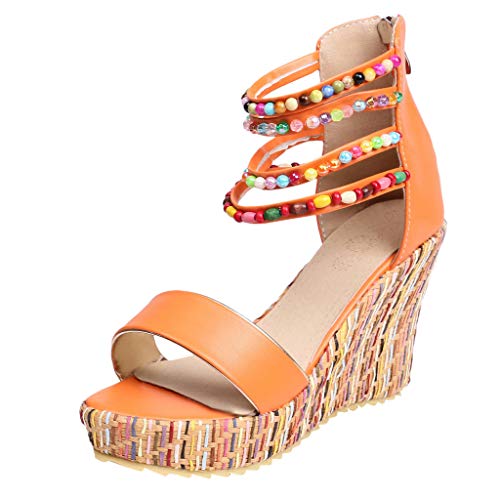 ?SSYongxia ? Women's Wedge Sandals with Pearls Across The Top Platform Sandals High Heels Brown