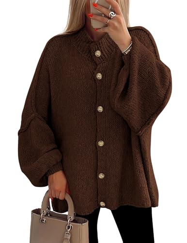PRETTYGARDEN Women's Winter Button Down Cardigan Sweaters Mock Neck Lantern