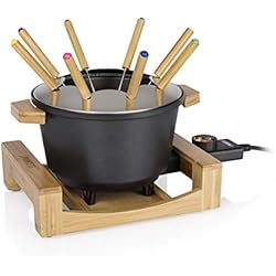 Princess 173025 Fondue Pure con carcasa de bambú y volumen de 1.5 L, adecuada para 8 personas para fondue de queso, chocolate, caldo o aceite, olla de aluminio fundido a presión, 800 W, Negro y bambú