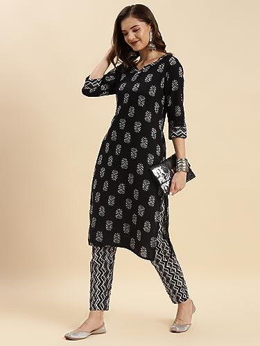 Image of rangita Black Cotton Printed Straight Kurta with Pant | Kurta Set for Women