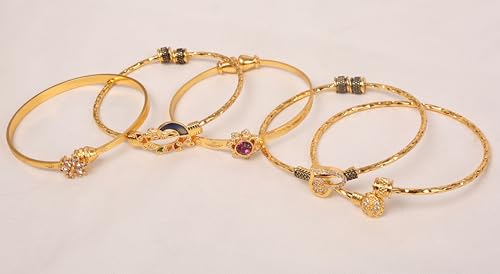 Image of Touchstone Indian Bollywood Handcrafted Engraved Etched Floral Round Rhinestones Cubic Zirconia CZ Designer Jewelry Openable Elegant Gold Plated Bracelets Combos for Women