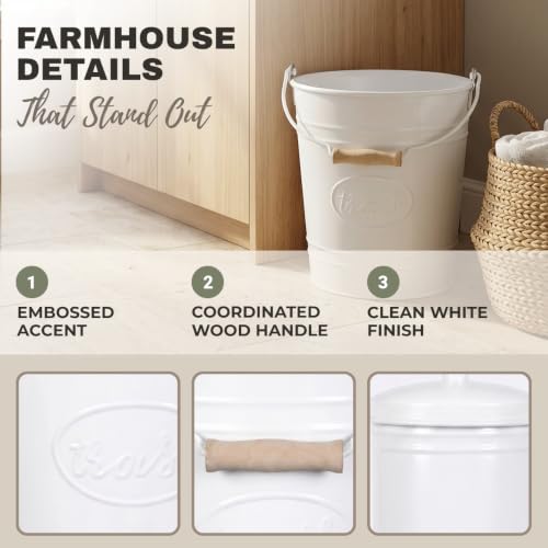 Image of Autumn Alley Farmhouse Bathroom Trash Can - White Trash Can Bucket with Wooden Handle for Rustic Bathroom, Bedroom, Office, Kitchen, Country Home Decor, 7 Liter, White