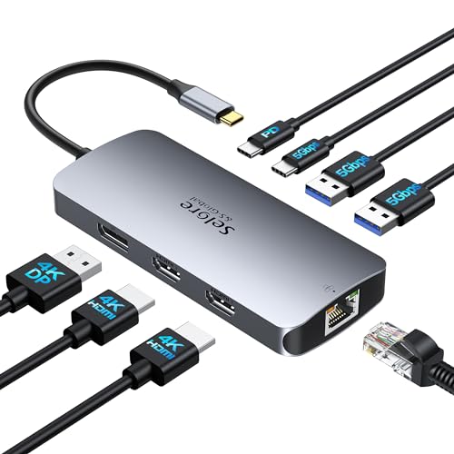 Stacja dokująca USB C Dual HDMI, 8 w 1, stacja dokująca do 3 monitorów Potrójny ekran 4K z 2 HDMI, DisplayPort, Ethernet 1 Gb/s, PD 100 W, adapter portów USB 3.0 do Dell, HP, Lenovo