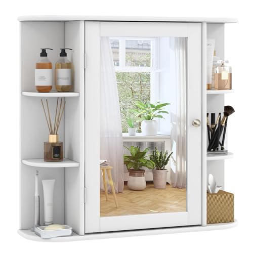 MAT EXPERT Bathroom Medicine Cabinet w/Mirror, Bathroom Cabinet Wall Mount w/ 3 Adjustable Shelves, 6 Open Shelves & Mirror Door, Medicine Cabinet, Bathroom Wall Cabinet for Toilet & Laundry Room