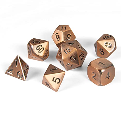 Preisvergleich Produktbild shibby 7 polyedrische Metall-Würfel - Steampunk - für Tabletop und Rollenspiele inkl. Aufbewahrungsbox - Kupfer-Matt