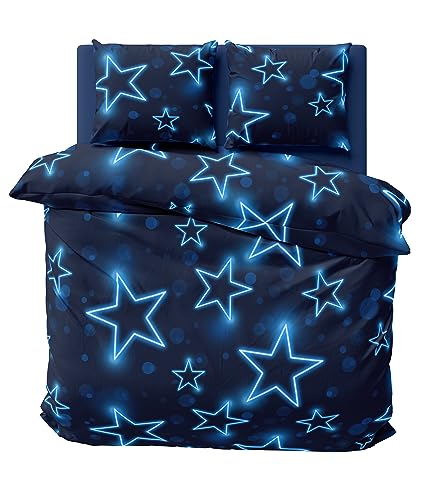 one-home Bettwäsche 240x220 cm Sterne Stars dunkel blau leuchtoptik Doppelbett Mikrofaser