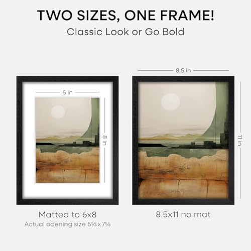 Image of Homeforia 8.5x11 Black Oak Picture Frame, High-End Wood, 6x8 Mat, Glass | High End Solid Oak Wood, Tempered Glass, Acid-Free 6x8 Removable Mat, 8.5x11 Edge-to-Edge Display 11x8.5, Wall Kit, Set Of 1