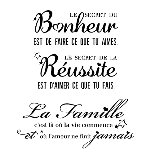 2Sets Stickers Muraux Citations Française Autocollant Mural Texte Famille et Bonheur Réussite Secret Décoration Home Décalque Wall Sticker DIY Peinture Chambre Salon Bureau