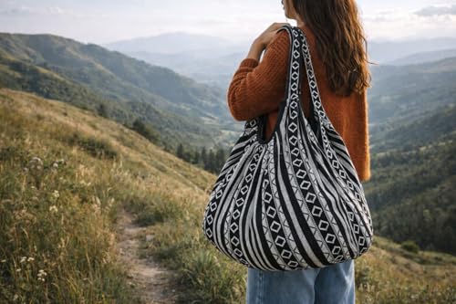 Bolso Tote de lona estilo Hobo color Negro Blanco miniatura 2
