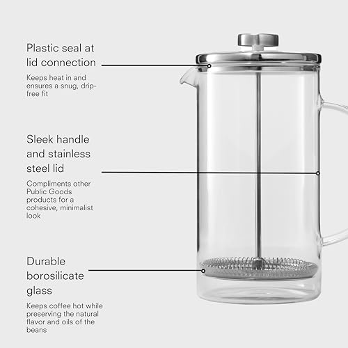 Public Goods 34 oz. French Press Coffee Maker | 1 Liter High-Heat Borosilicate Glass French Press | Heat-Resistant, Durable, Dishwasher Safe - Image 3