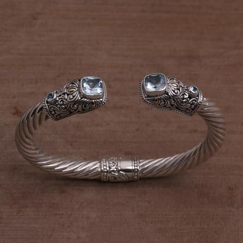 NOVICA Artisan Handmade Blue Topaz Gold Accent Cuff Bracelet Sterling Silver with Accents Tone Indonesia Gemstone Birthstone [6 in L (end to End) x 0.5 in W] ' Dazzling Crest'4